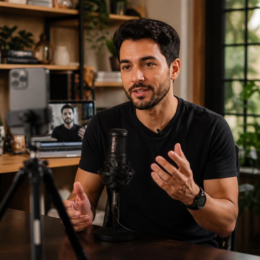 Criador gravando com microfone enquanto o notebook ao fundo exibe seu clone digital falando por ele